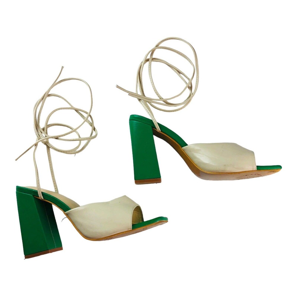 Chic Cream and Green Women's Block Heel Sandals